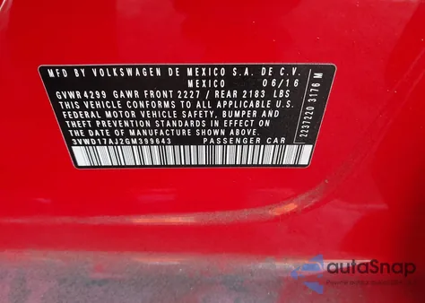 2016 Volkswagen Jetta 1.8T Sport z USA, uszkodzony, nr VIN 3VWD17AJ2GM399643